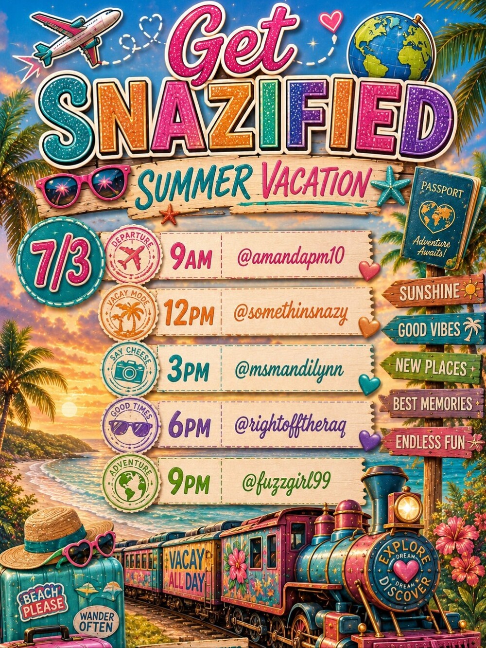 7/3Get Snazified!  Summer Vacation  Friday Share Show Train